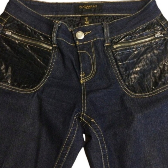 Y2K Rocawear Jeans Black Faux Leather Zipper Pockets Size 7 - Picture 7 of 7